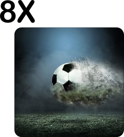 Luxe Placemat - Ontploffende Voetbal boven het Gras - Set van 8 Placemats - 50x50 cm - 2 mm dik Vinyl - Anti Slip - Afneembaar