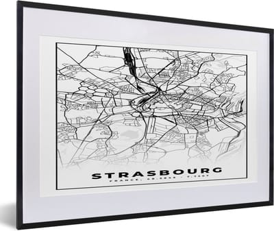 Fotolijst incl. Poster Zwart Wit- Frankrijk - Kaart - Strasbourg - Plattegrond - Stadskaart - Zwart wit - 60x40 cm - Posterlijst