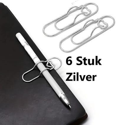 Set van 6 Metalen Penclips I Papierklemmen I Paperclip Penhouders I Potloodhouder I Bladwijzerklemmen I Zilver