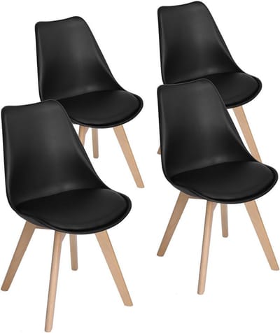 EGGREE Set van 4 lunch bureaustoelen met poten van massief eikenhout - stoelen zonder armleuningen gestoffeerd design - Zwart