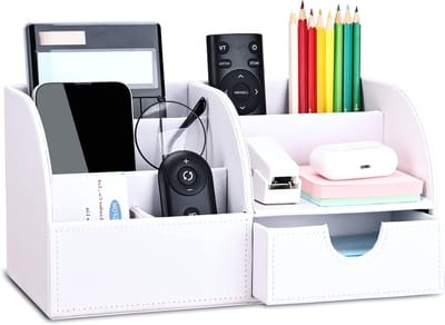 Elegante PU Leren Bureau Organizer met 6 Compartimenten en Lade - Perfect voor Pennen, Potloden en Kantoorbenodigdheden in Wit