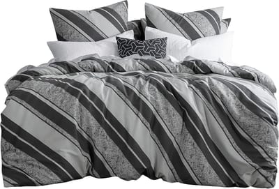 Beddengoed 200x220 katoen microvezel - beddengoedset donkergrijs 200x220cm 3-delig met strepenpatroon, polykatoen gestreept dekbedovertrek 220x200 van 50% katoen 50% polyester