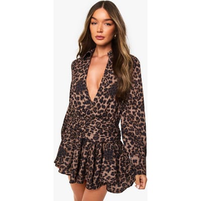 boohoo Dames Minijurk met luipaardprint, geroffleerd en met franjes | Maat: 38