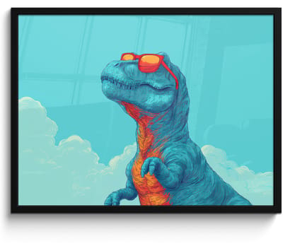 Poster in lijst - Fotolijst 80x60 cm - Posters - T-Rex - Blauw - Wolken - Zonnebril - Posterlijst zwart - Decoratie - Wanddecoratie woonkamer - Muurdecoratie slaapkamer
