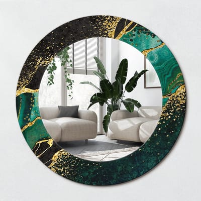 Wallfluent Bedrukte Ronde Spiegel - Ronde Wandspiegel Decoratieve Print Marmergroen - 50 cm / 36 cm - Groente - Groente Ronde Spiegel Met Bedrukte Lijst - Woonkamerspiegel - Inloopkastspiegel - Hal - Spiegel Met Haken