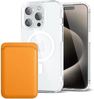 Shockproof Anti Shock Back Cover Hoesje Compatibel met MagSafe Geschikt voor: Apple iPhone 15 Pro Max met Magnetische Pasjeshouder - Zonnegeel