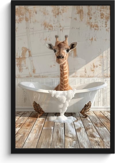 Poster in lijst - Fotolijst 40x60 cm - Posters - Giraf - Badkuip - Vintage - Dieren - Posterlijst zwart - Wanddecoratie badkamer - Muurdecoratie WC - Decoratieve accessoires - Toilet muur decoratie