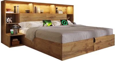 Wishdor – Bed 180x200 cm – LED, USB‑C & Geïntegreerde Nachtkastjes – Hydraulische Opbergruimte – Eiken – 300 kg