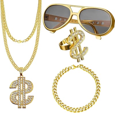Dollar Necklace Set voor Hip Hop Kostuums, Accessoires voor Feestjes, Gouden Kettingen en Armbanden, Perfect voor Carnaval en Retro Stijl