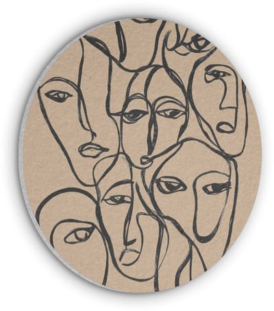 Akoestisch wandpaneel rond 30x30 cm - Vilt schilderij Gezichtenzee - Lijntekening - Abstract - Ronde akoestische panelen - Geluidsdempende wanddecoratie - Geluidsisolatie wandcirkel - Muurdecoratie geluidspanelen