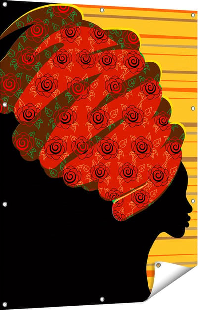 Gards Tuinposter Afrikaanse Vrouw met Bloemen Tulband - Abstract - 90x120 cm - Tuindoek - Tuindecoratie - Wanddecoratie buiten - Tuinschilderij