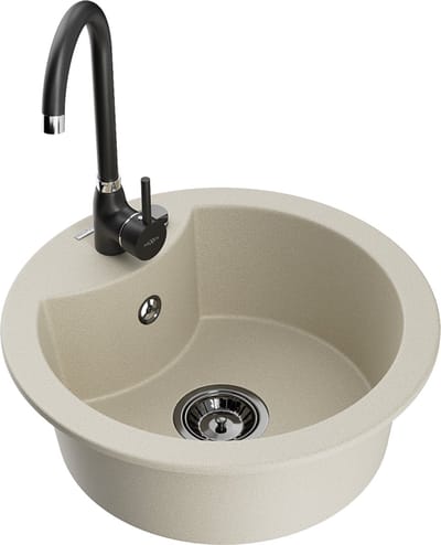Mexen Diego granieten gootsteen 1-koer met keukenmengkraan Telma, beige - 6512-69-670200-70