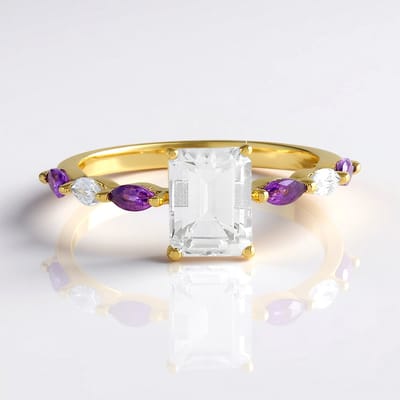 Cavill - Zilveren ring verguld - 1 575 ct achthoekige witte topaas - 925 Sterling zilver - Elegante damesring met amethist en zirkon