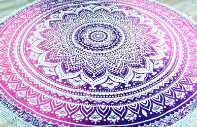 Ronde Mandala Sjaal - Boho Sprei, Picknick Deken en Strand Deken - Katoen Wit/Roze