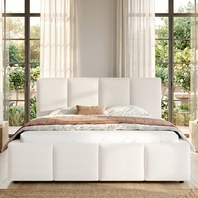 Gestoffeerd bed - tweepersoonsbed - 160 x 200 cm - met lattenbodem - zachte hoofdbord - beige grove stof