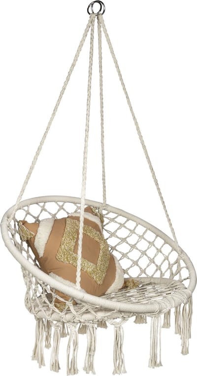 QUVIO Hangstoel Bohemian - Hangsalon voor binnen en buiten  - Tuinstoel voor in de tuin - Schommelzetel - Hangstoel - Schommelstoel - Belastbaar tot 150KG - Katoen, hout en touw - 68 x 80 x 115 cm (lxbxh) - Gebroken wit