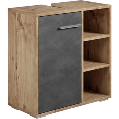 Badplaats Wastafelkast Neptunus 60 x 28 x 60 cm – Kastanje Eiken met Donker Grijs – Badkamerkast – Staand Wastafelmeubel