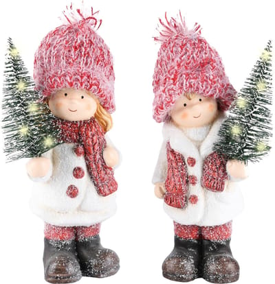 Dekoratief | Winterkind m/boompje, keramiek, LED, 11x8x21cm, set van 2 stuks | A225574