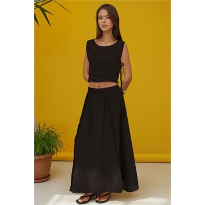 Elastische Taille Rok-Zijden Strik Detail Blouse Muslin Set