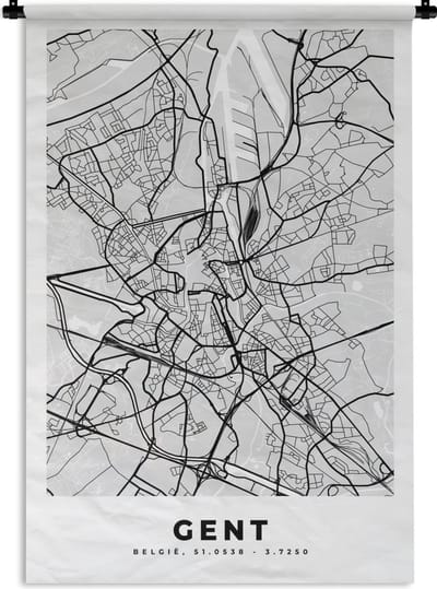 Wandkleed - Wanddoek - Plattegrond – Gent – Zwart Wit – Stadskaart - Kaart - 120x180 cm - Wandtapijt