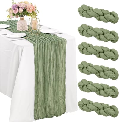 6 Delen Saliegroen Tafelloper Boho Gaas Tafelloper Rustieke Doorzichtige Loper Voor Huwelijk Verjaardag Baby Show Party Tafeldecoratie - 55x180cm