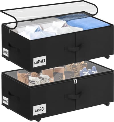 Set van 2 Onderbed Opbergdozen van 20 cm Hoog, 50 Liter, Met Doorzichtig Deksel en Etikette, Perfect voor Kledingopslag en Ruimtebesparing