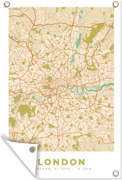 Muurdecoratie Londen - Stadskaart - Plattegrond - Vintage - Kaart - 120x180 cm - Tuinposter - Tuindoek