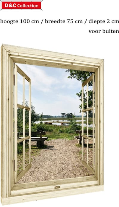 Canvas voor buiten - doorkijk poster - tuinposter op houten frame - 100x75x2 cm - doorkijk nostalgisch venster - schotse hooglanders - landschap - bankje - water - tuindoek - schutting doek - poster op balkon