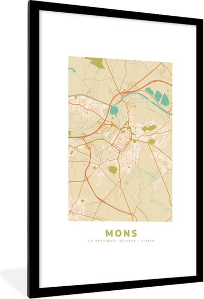 Fotolijst incl. Poster - Plattegrond - Kaart - België - Stadskaart - Vintage - Mons - 60x90 cm - Posterlijst