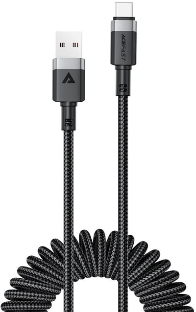 Acefast - USB-A naar USB-C Kabel - Krulsnoer - Uitrekbare oplaadkabel - Universele oplaadkabel - 1.2 M - 480Mb/s - Zwart