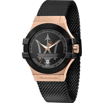 Maserati Potenza Roestvrijstalen Mesh Zwarte Wijzerplaat Quartz R8853108010 100M Herenhorloge zwart