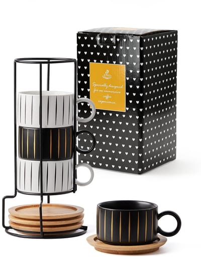 Dailygoods- Kopjesset 4 x 160 ml - Koffiekopjes met Schotel - Elegante Keramische Kopjes - Marmeren/Striped Design - Uniek en Artistiek
