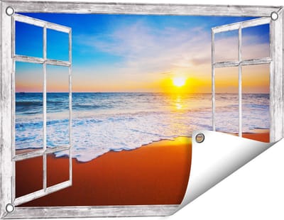 Gards Tuinposter Doorkijk Strand en Zee tijdens Zonsondergang - 60x40 cm - Tuindoek - Tuindecoratie - Wanddecoratie buiten - Tuinschilderij