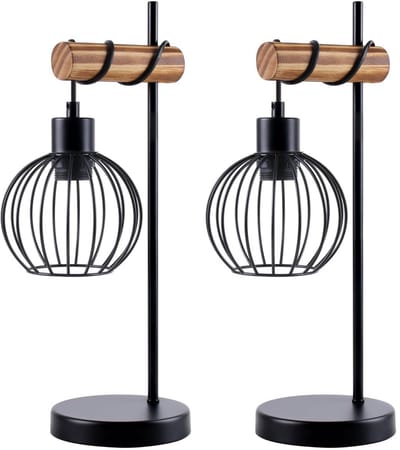 Glitzerlife Retro Houten - 2 stuksTafellamp - Vintage Industriele Stijl - Zwart Metaal & Hout - Nachtkastlamp/Woonkamerlamp met E27-Fitting (excl. lamp)