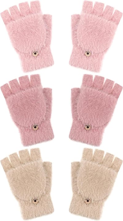 Vingerloze winterhandschoenen voor meisjes - omkeerbare wanten in beige, roze en rood, maat M (10-15 jaar)