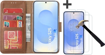 Hoesje met 3 Stuks Screenprotectors Geschikt voor Samsung Galaxy S25 – Arara bookcase met pasjeshouder - Bruin