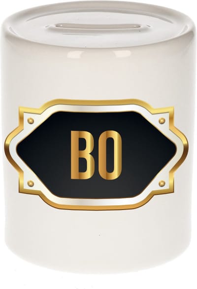 Spaarpot met voornaam Bo - wit - met goud/zwart embleem - 8 x 9 cm - keramiek - met afsluitdop - cadeau verjaardag