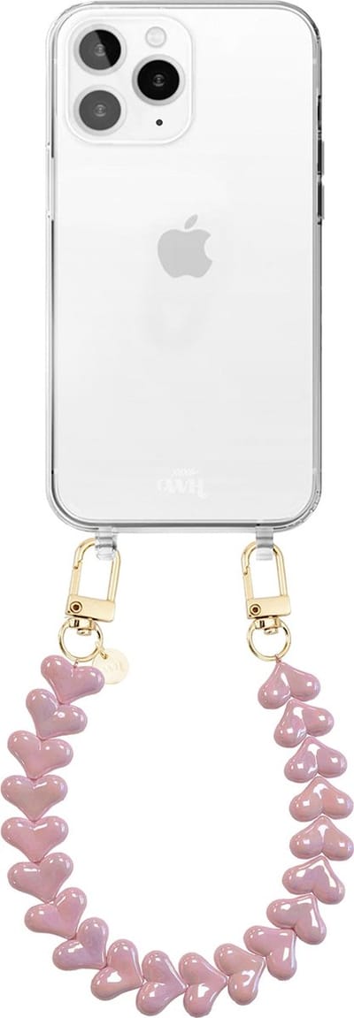 xoxo Wildhearts siliconen hoesje geschikt voor iPhone 12 Pro Max hoesje - Funky Hearts - Telefoonhoesje - Hoesje met koord - Metallic Roze koord - kort telefoonkoord - Hartjes ketting - Transparant hoesje