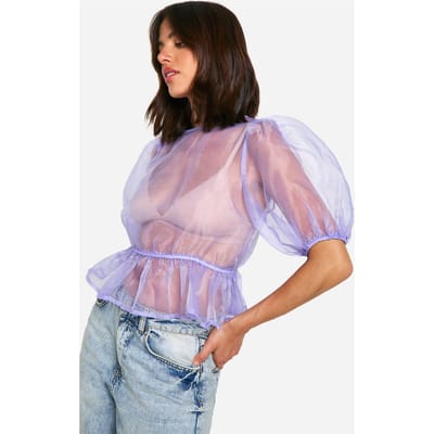 boohoo Dames Organza Top met Strik en Pofmouwen | Poederblauw | Maat: 34