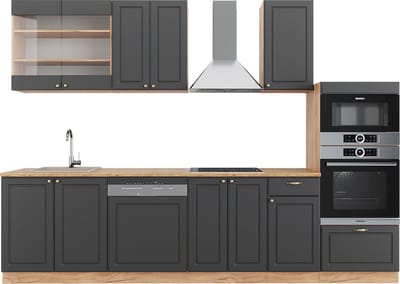 Vicco Fame-Line Complete keukeneenheid – 300 cm met hoge kast, zonder werkblad Antraciet Landhuis/Goud Kraft Eik