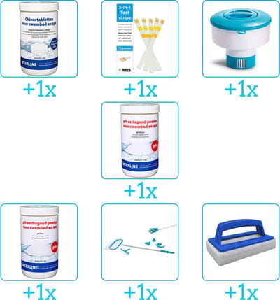 Zwembad Onderhoudspakket - Onderhoud Zwembad - bevat Chloor - Testrips - Chloordrijver - PH-min - PH-plus - Schoonmaakset en Scrubborstel (7-delig)