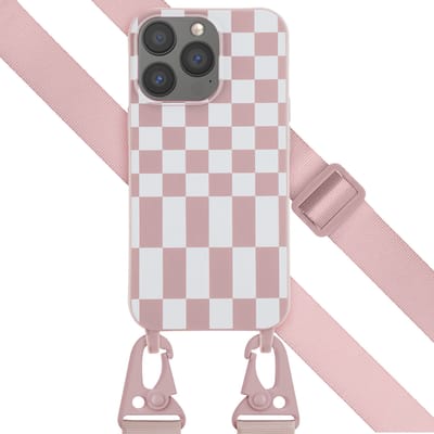 Selencia Hoesje - Geschikt voor Apple iPhone 13 Pro - Siliconen design hoesje met afneembaar koord - Irregular Check Sand Pink