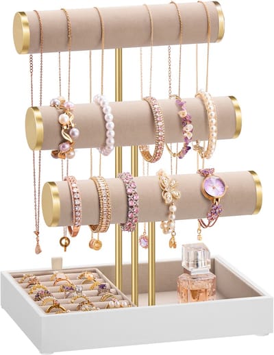 SONGMICS - Sieradenhouder - Sieradenstandaard - 3 Armbandhouders - Met Fluwelen Lade en Ringhouder