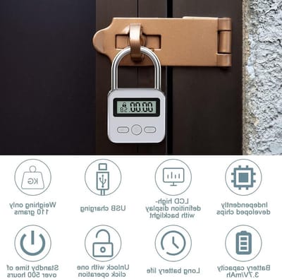 Slimme Tijdslot met LCD Display, Oplaadbaar via USB, Veiligheids Hangslot voor Keuken en Thuisgebruik, Roestvrij Staal