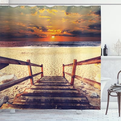 New Bed, Strand Romantische Zonsondergang Skyline Douchegordijn Badkamer Decor Set met Haakjes 180 cm B 200 cm L