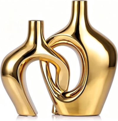 Set van 2 Gouden Holle Keramische Vazen - Moderne Nordic Boho Decoratie Vazen voor Pampasgras, Bloemen en Tafelcentra in Woonkamer, Kantoor en Eetkamer