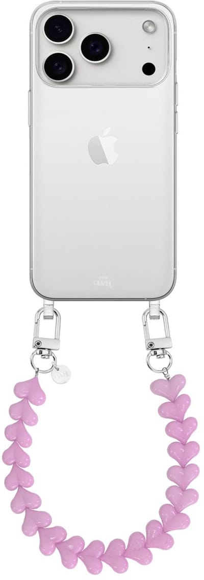 xoxo Wildhearts siliconen hoesje - Geschikt voor iPhone 17 Pro Max hoesje - Funky Hearts - Telefoonhoesje - Hoesje met koord - Roze koord - kort telefoonkoord - Hartjes ketting - Transparant hoesje