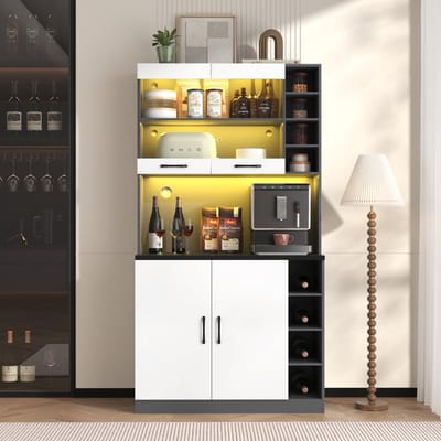 MODFU Keukenkast met LED-Ambientverlichting, Kabelgaten en Verstelbare Zijkasten – Houten Buffet, 100x47x187 cm, Ideaal voor Magnetron en Freestanding