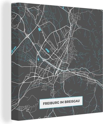 Canvas Schilderij Stadskaart – Kaart – Freiburg im Breisgau – Blauw – Duitsland – Plattegrond - 20x20 cm - Wanddecoratie