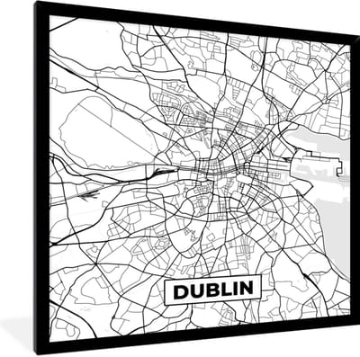 Fotolijst incl. Poster Zwart Wit- Kaart - Dublin - Stadskaart - Zwart Wit - Plattegrond - 40x40 cm - Posterlijst